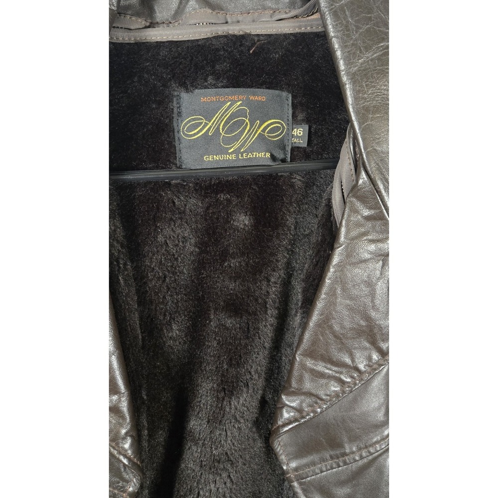 Vintage 70s Montgomery Ward MW Leather Coat 46 Tall Brown Car Coat Faux Fur Line - Picture 3 of 13